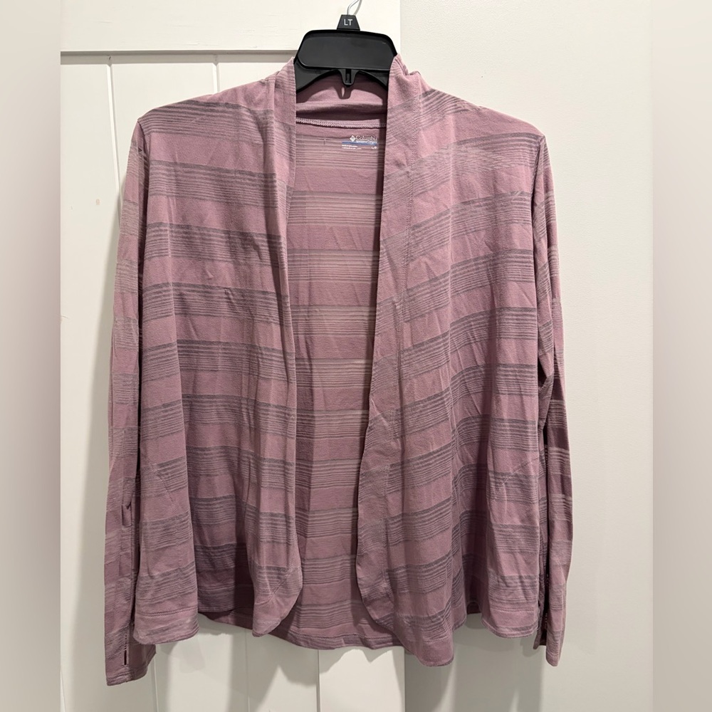Columbia Women’s Open Front Cardigan Lavender Striped Thumb Hole Pockets Size L